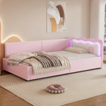Daybed Sofa Bed with LED Ambient Light and Slatted Base, Pink Imitation Fleece