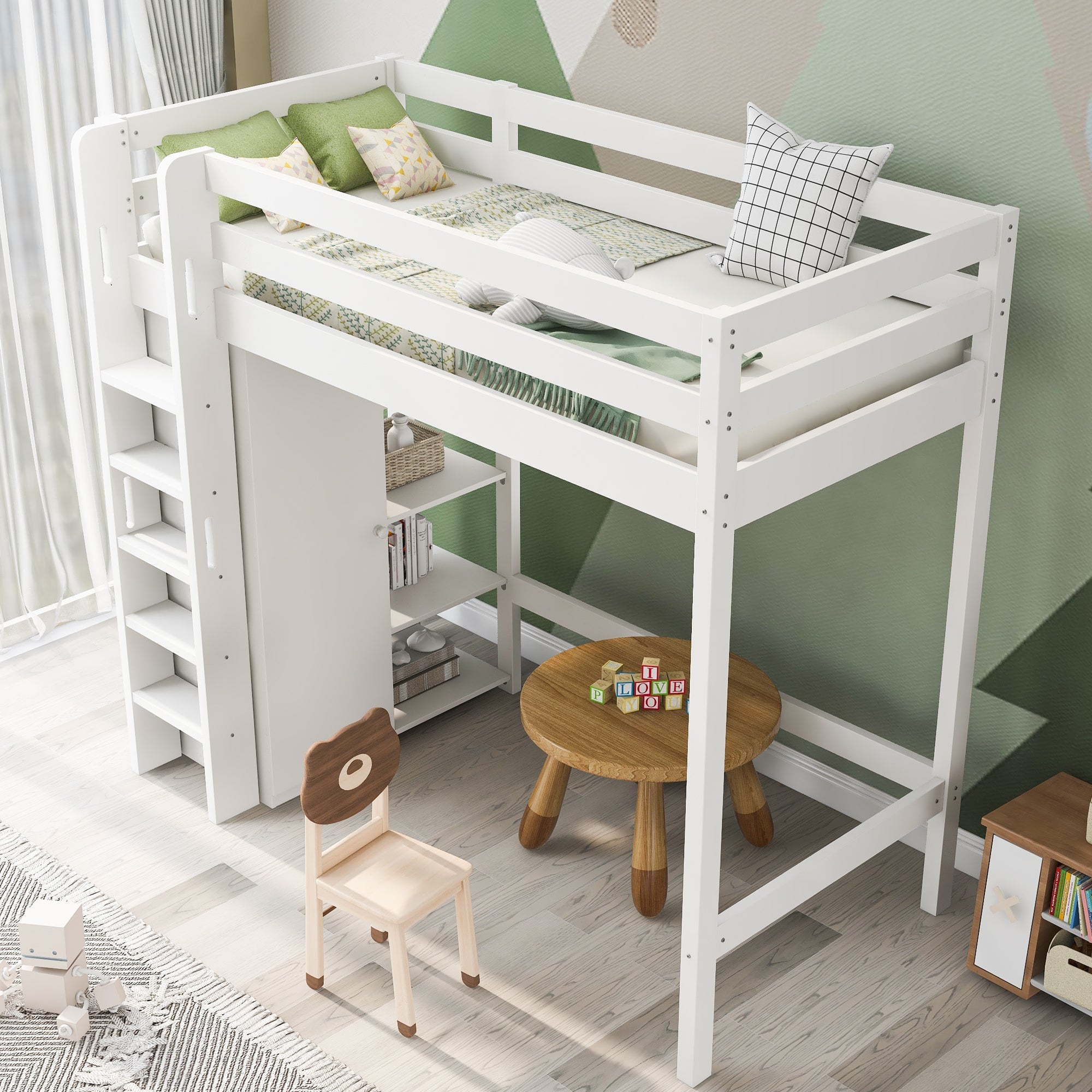 Children's Loft Bed, 90x200 cm Single with Wardrobe & 6 Shelves, White