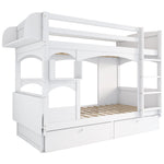 Children's Bunk Bed Multifunctional Double Bed with Desk, Shelf, 2 Drawers, Solid Wood White