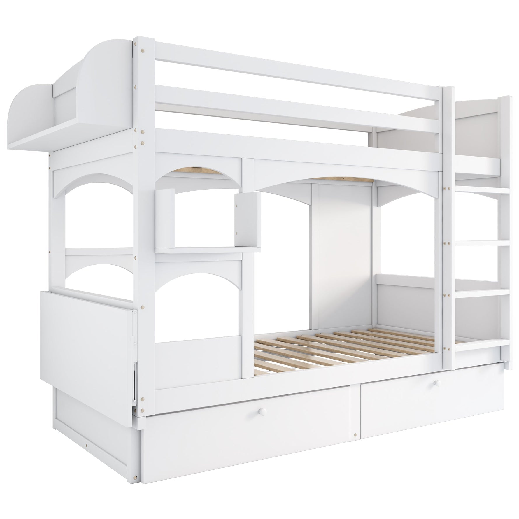 Children's Bunk Bed Multifunctional Double Bed with Desk, Shelf, 2 Drawers, Solid Wood White