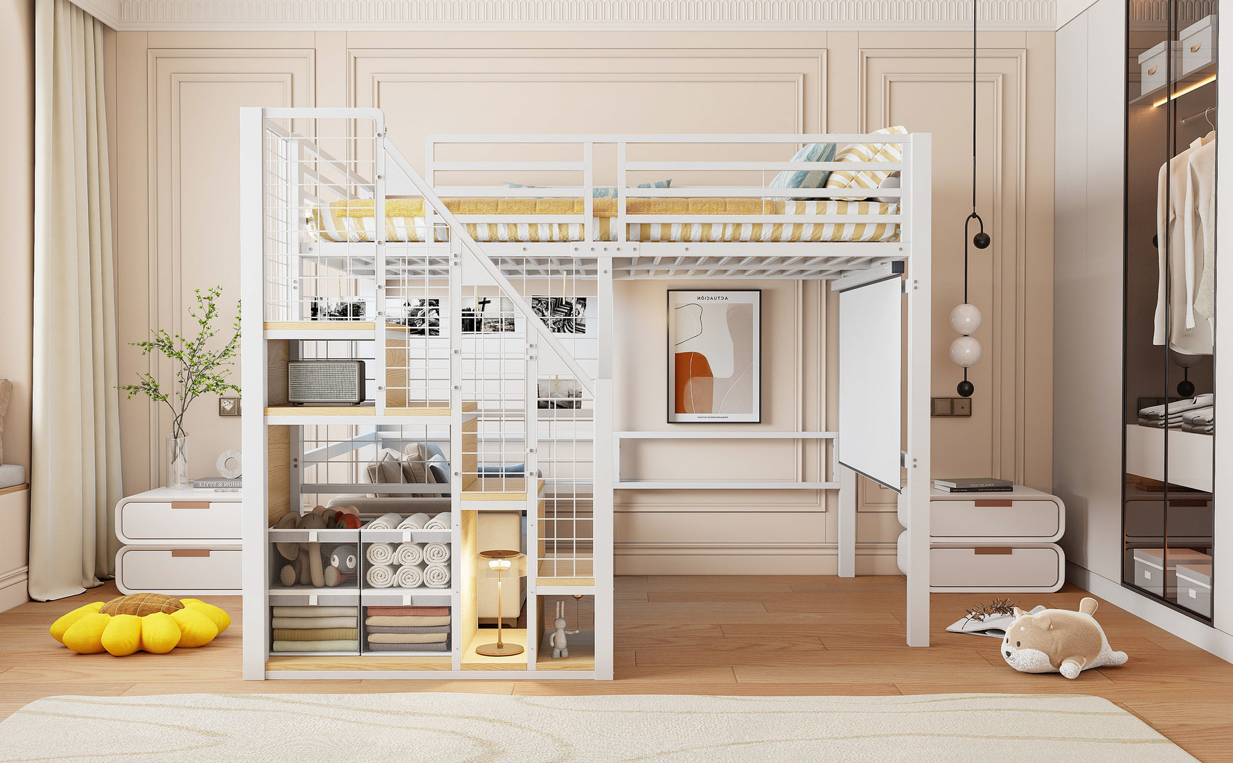 Bunk Bed with Safety Ladder and Storage Area, 140x200cm, White Iron Frame