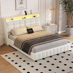 Upholstered Platform Bed 160x200 LED USB Storage Adjustable Headboard - White