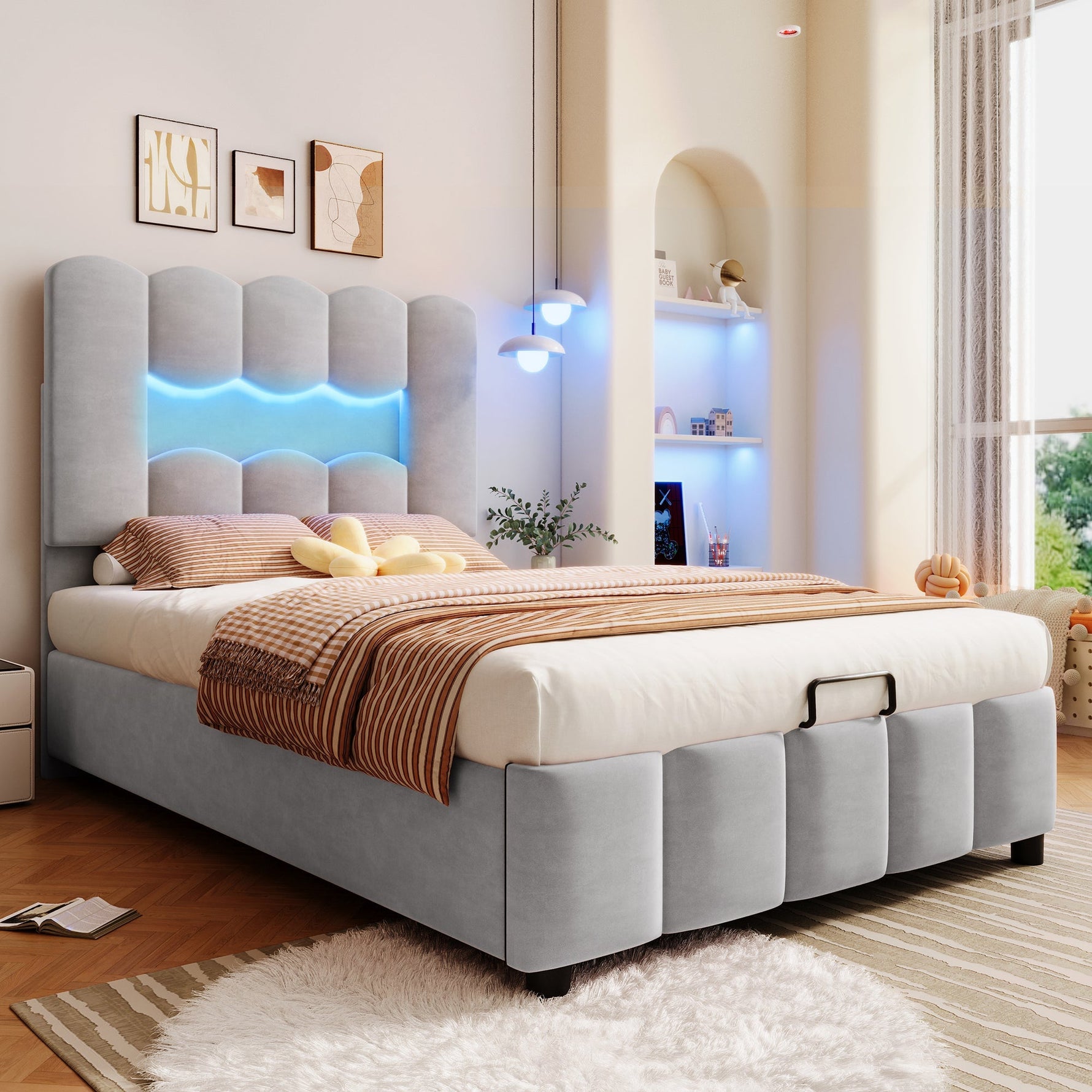 Upholstered Bed 90x200cm Hydraulic Storage LED Adjustable Headboard Velvet Grey