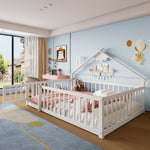 Children's Flatbed with House Rail and Locking Railing, 140x190 cm, White Pine Wood