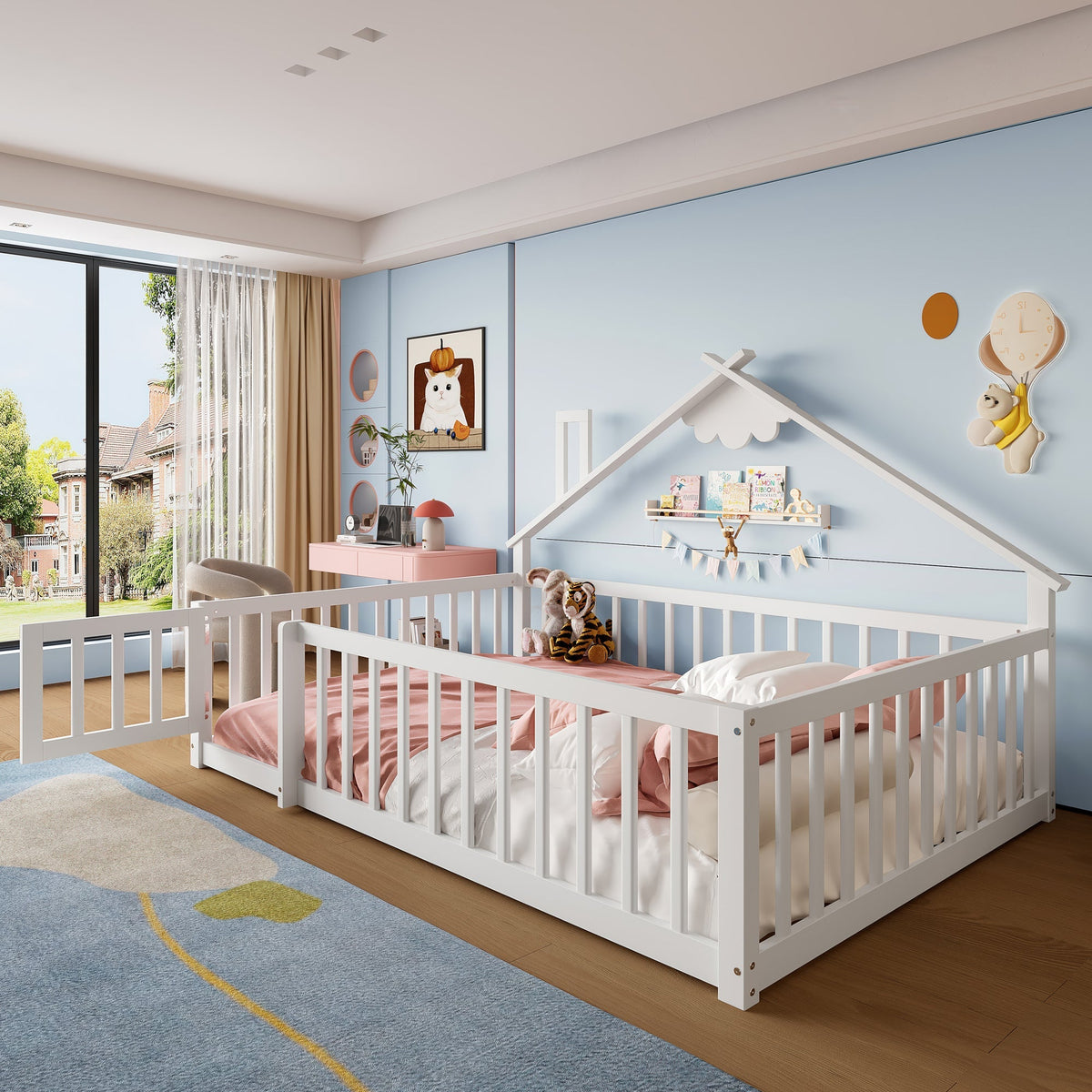 Children's Flatbed with House Rail and Locking Railing, 140x190 cm, White Pine Wood