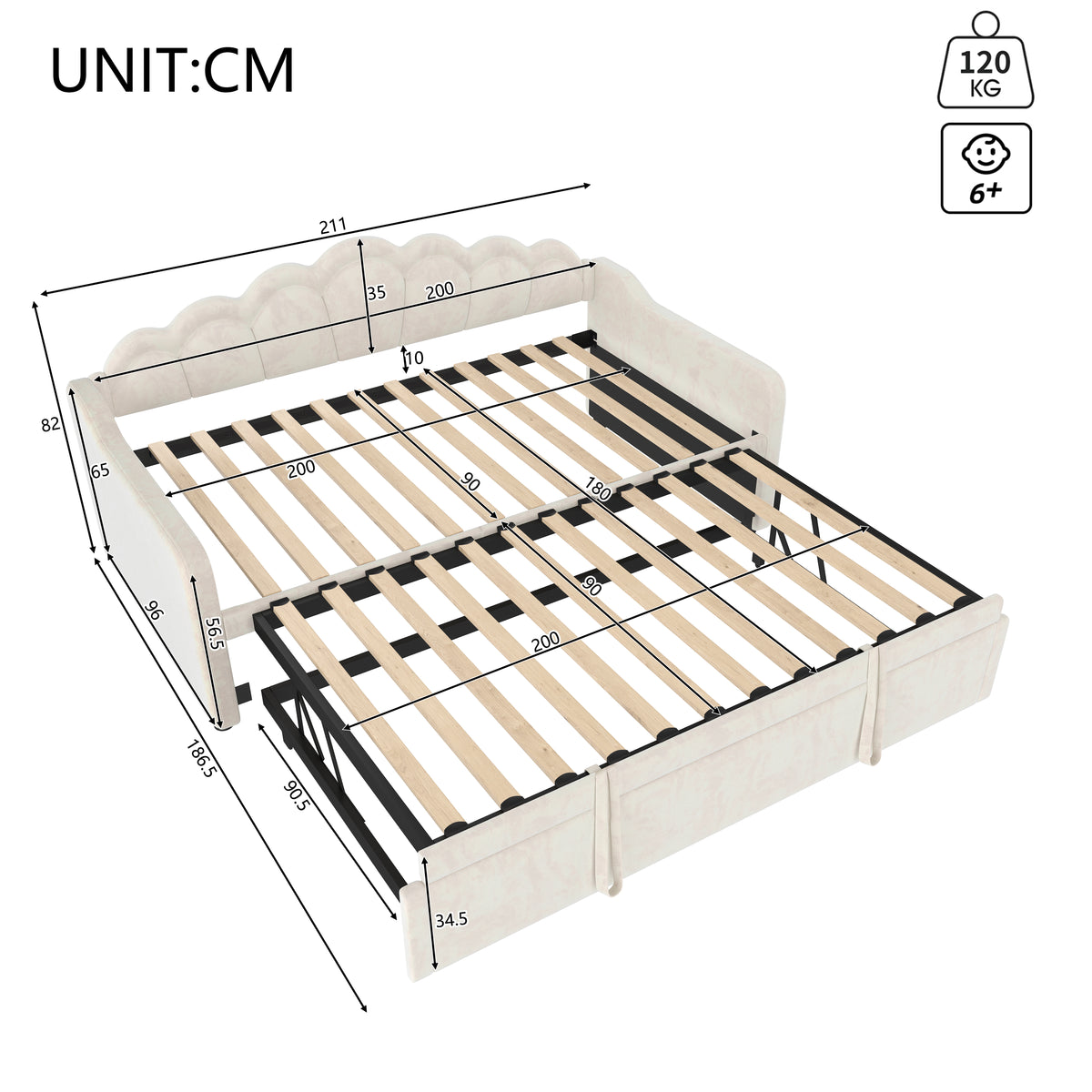Daybed with Pull-Out Bed & LED Strip, 90x200cm, Beige Velvet