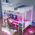 Loft Bed Desk Storage Drawers LED USB - White Iron Frame