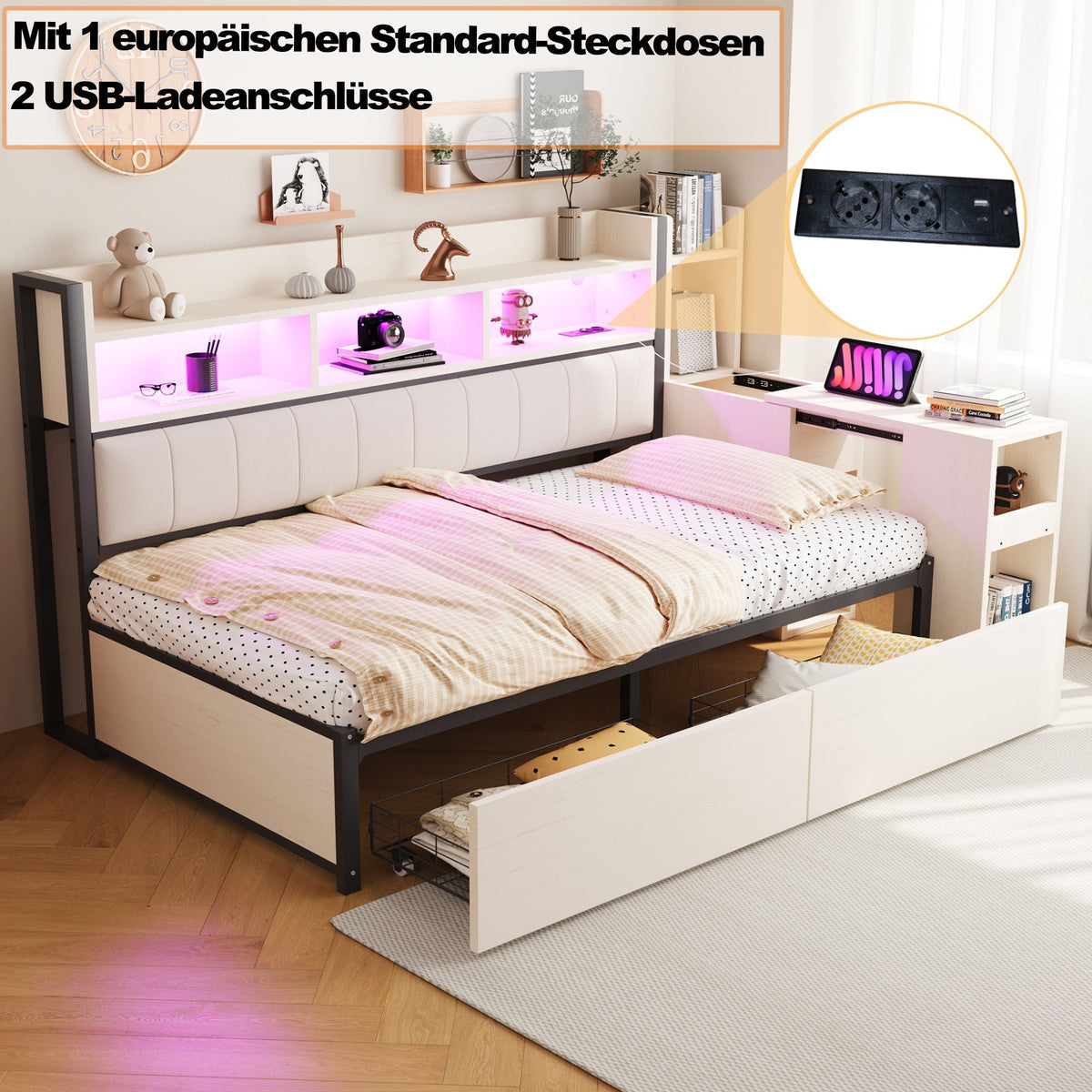 Iron Sofa Bed 90x200cm Storage Drawers Desk LED White