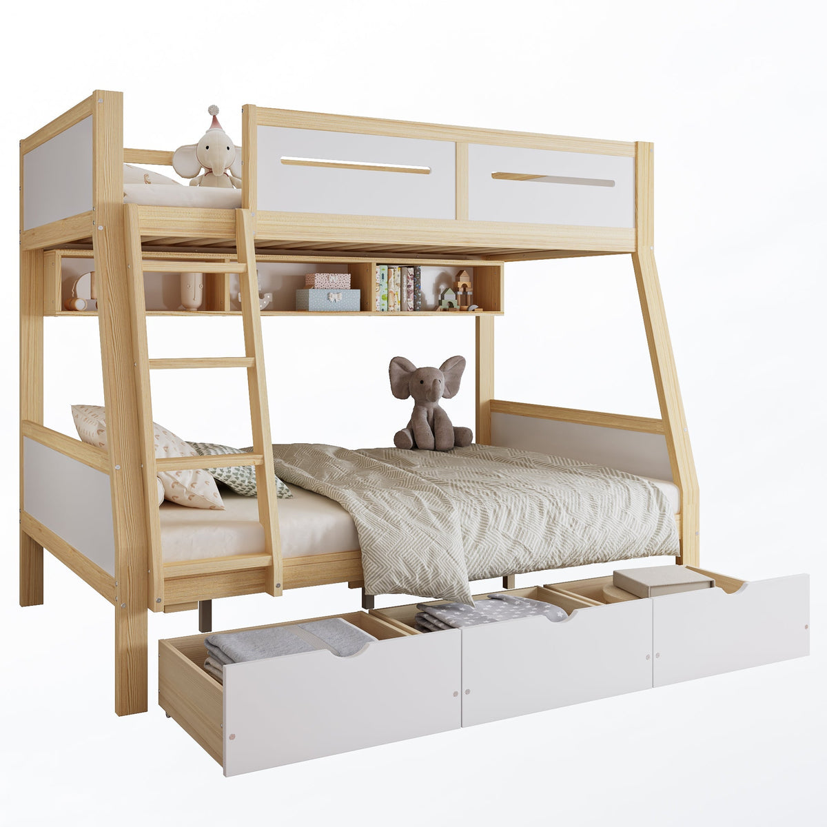 Bunk Bed, 3 Drawers, Book Stand, Fenced, Stepladder, Pine + MDF + Plywood, White + Natural
