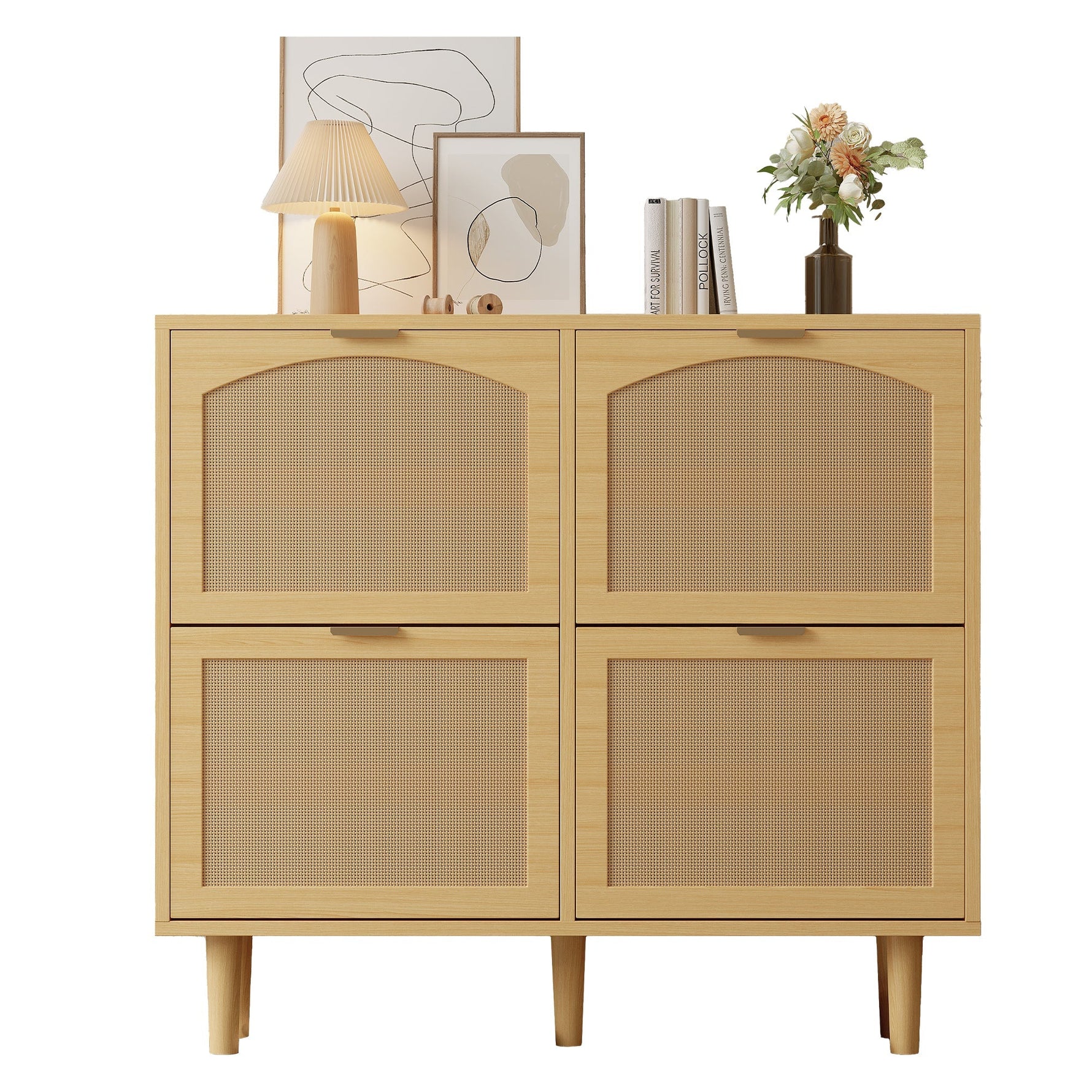 Shoe cabinet with 4 folding drawers, rattan and metal, wooden