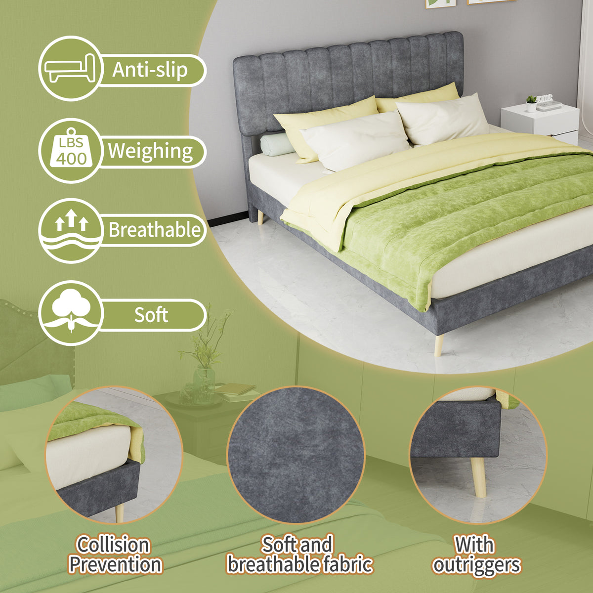 Upholstered Bed 160x200cm with Mattress & Headboard, Grey