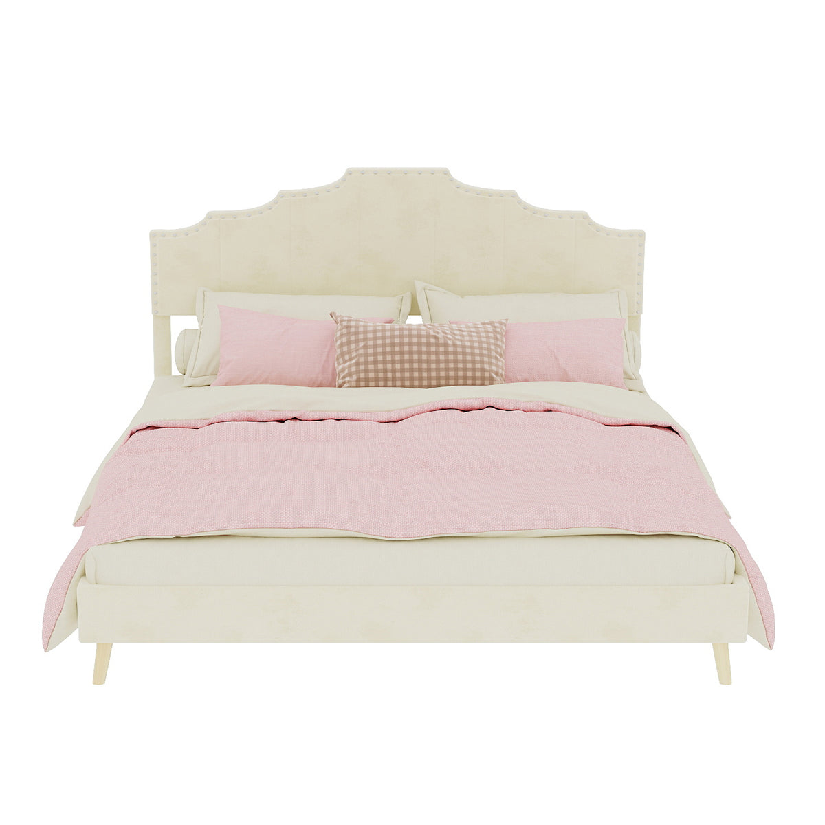 Modern Minimalist Soft Bed with 160x200cm Mattress, Beige