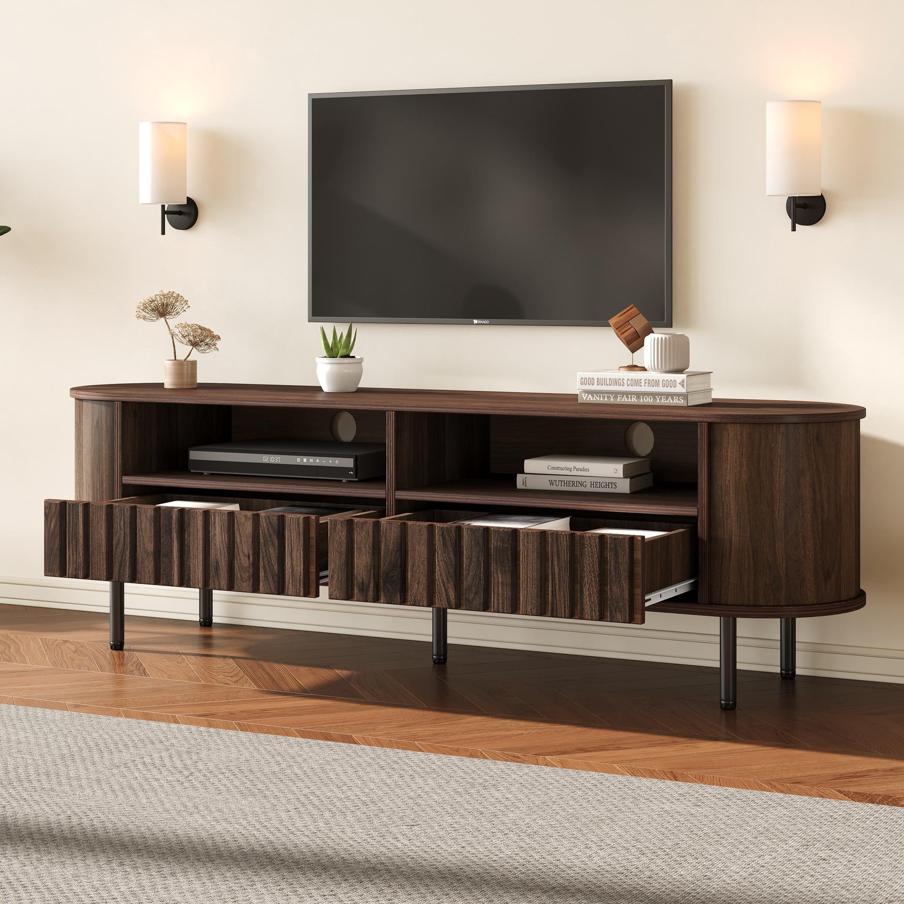 TV Cabinet Lowboard 160cm 2 Cabinets 2 Drawers for 65-inch TV Walnut