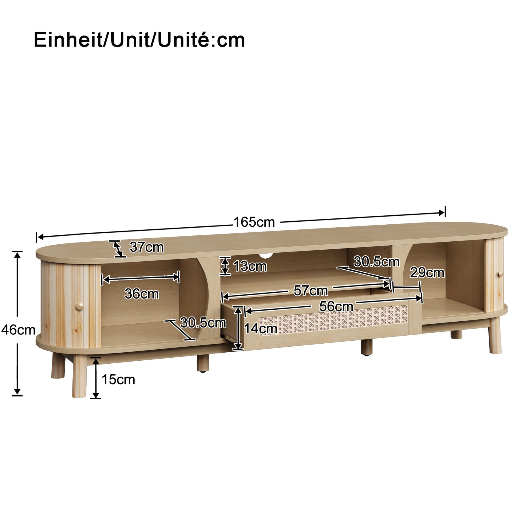 TV Cabinet Rattan Doors Drawers Low Profile - Country Style