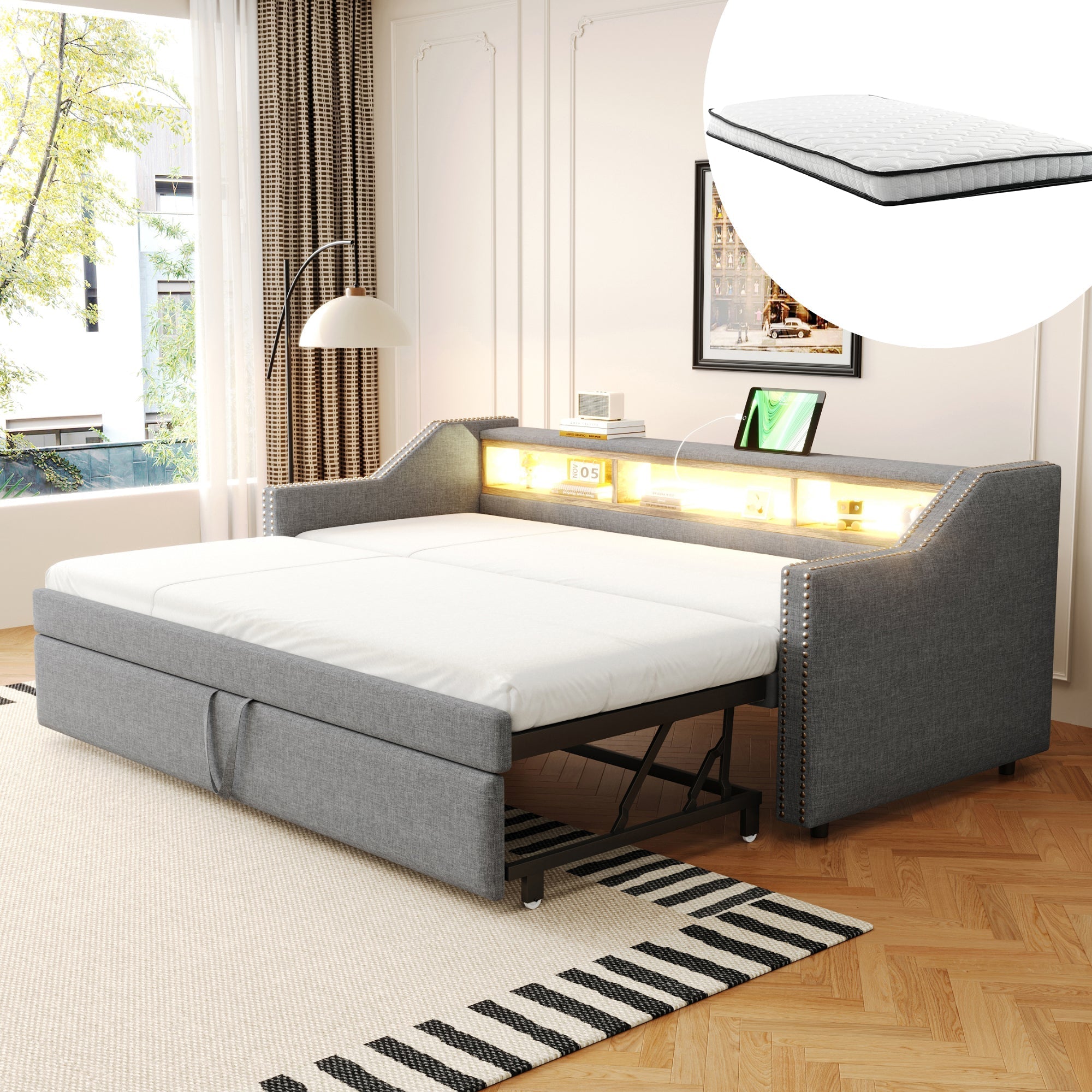 Upholstered Sofa Bed Extendable 90/180x190cm Storage LED USB - Light Grey