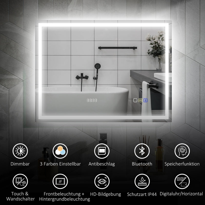 LED Bathroom Mirror 80x60 cm Bluetooth Anti-Fog Clock, Silver