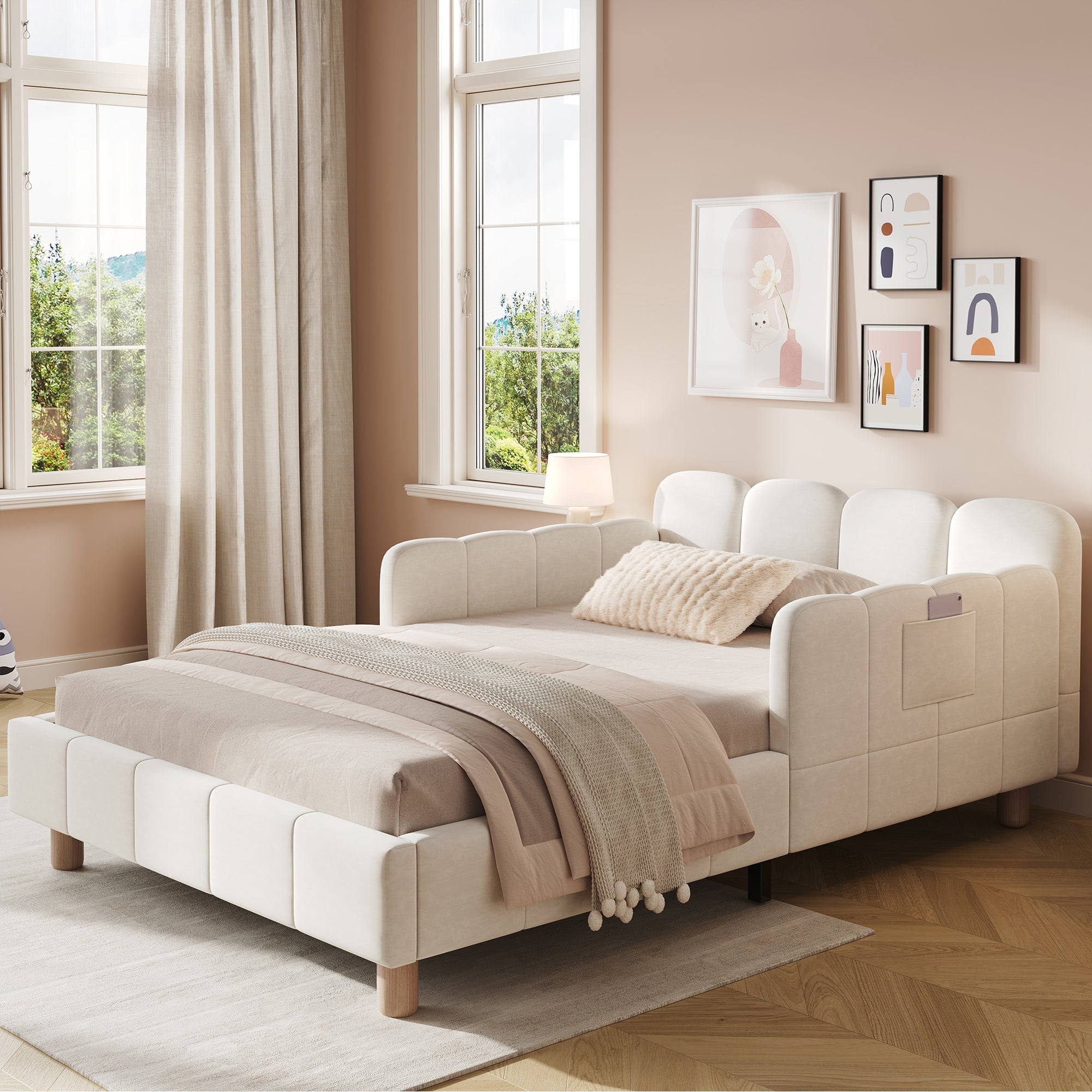 Upholstered Children's Single Bed with Headboard and Safety Rail, 90x200cm, Beige Velvet