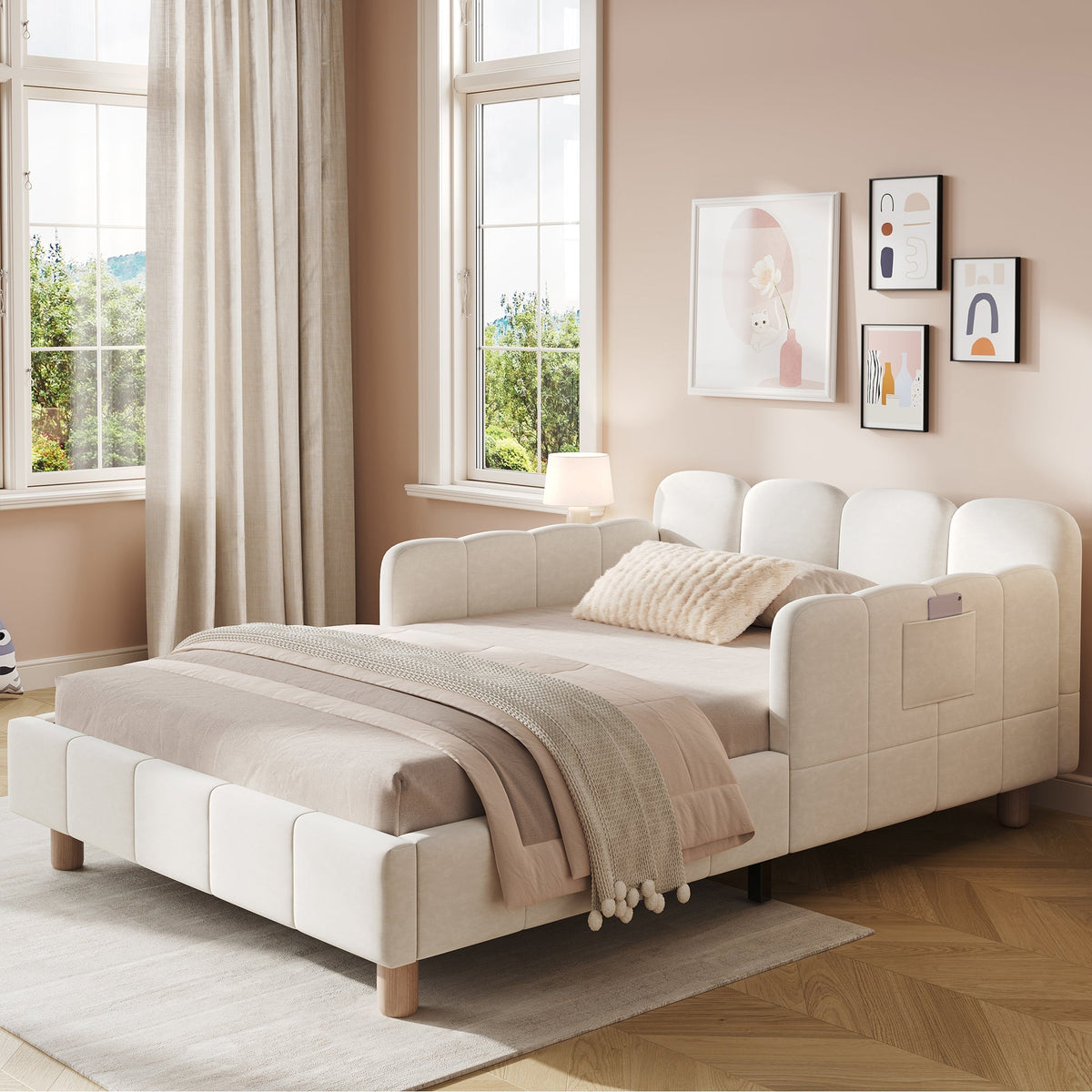 Upholstered Children's Single Bed with Headboard and Safety Rail, 90x200cm, Beige Velvet