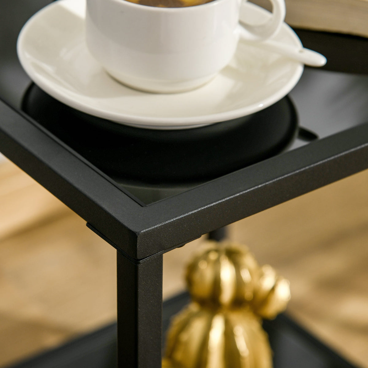 Side Table, 2-Tier Coffee Table, 40 x 40 x 50 cm, Tempered Glass Steel, Black