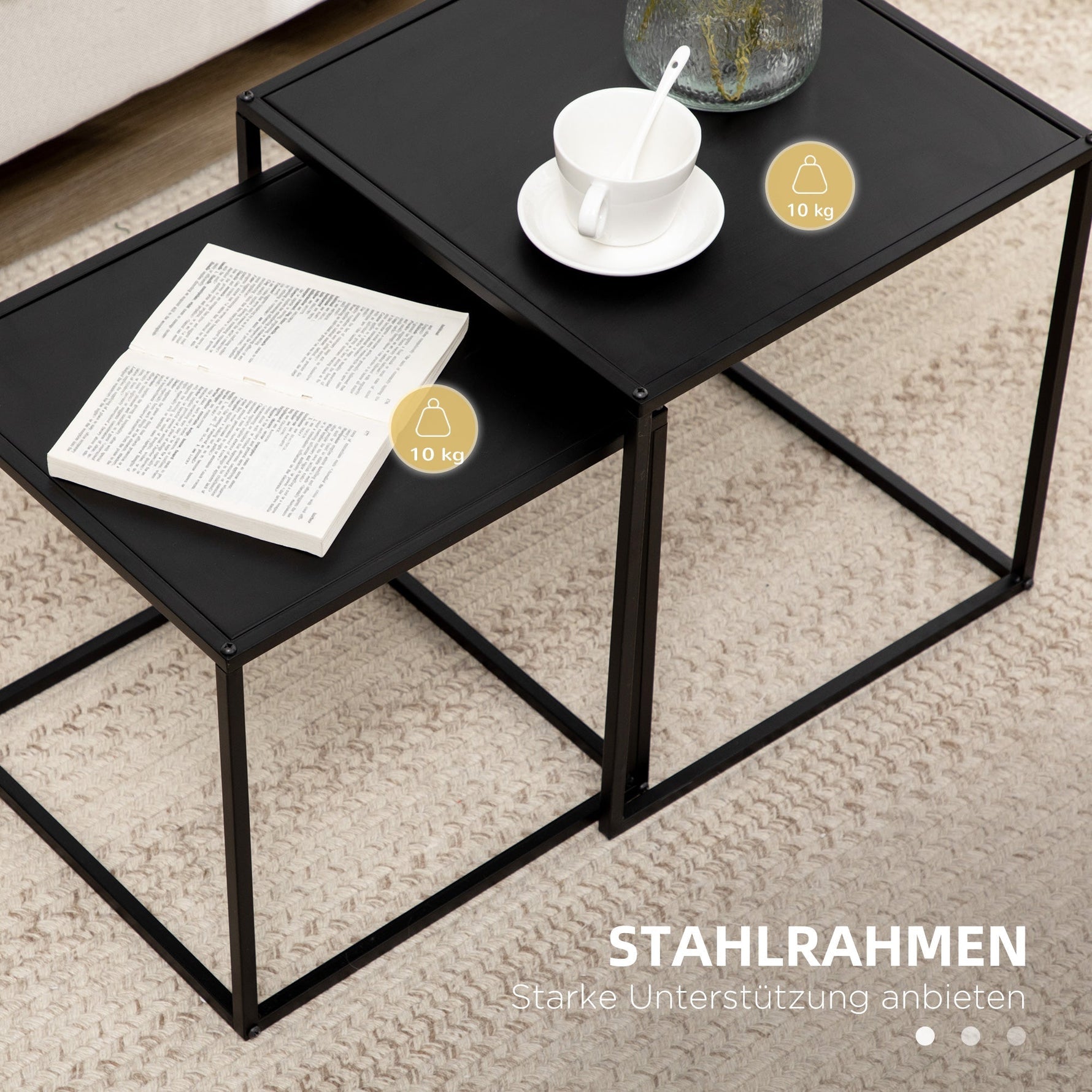 Coffee Table Set, 2 Side Tables, Modern Steel, Black
