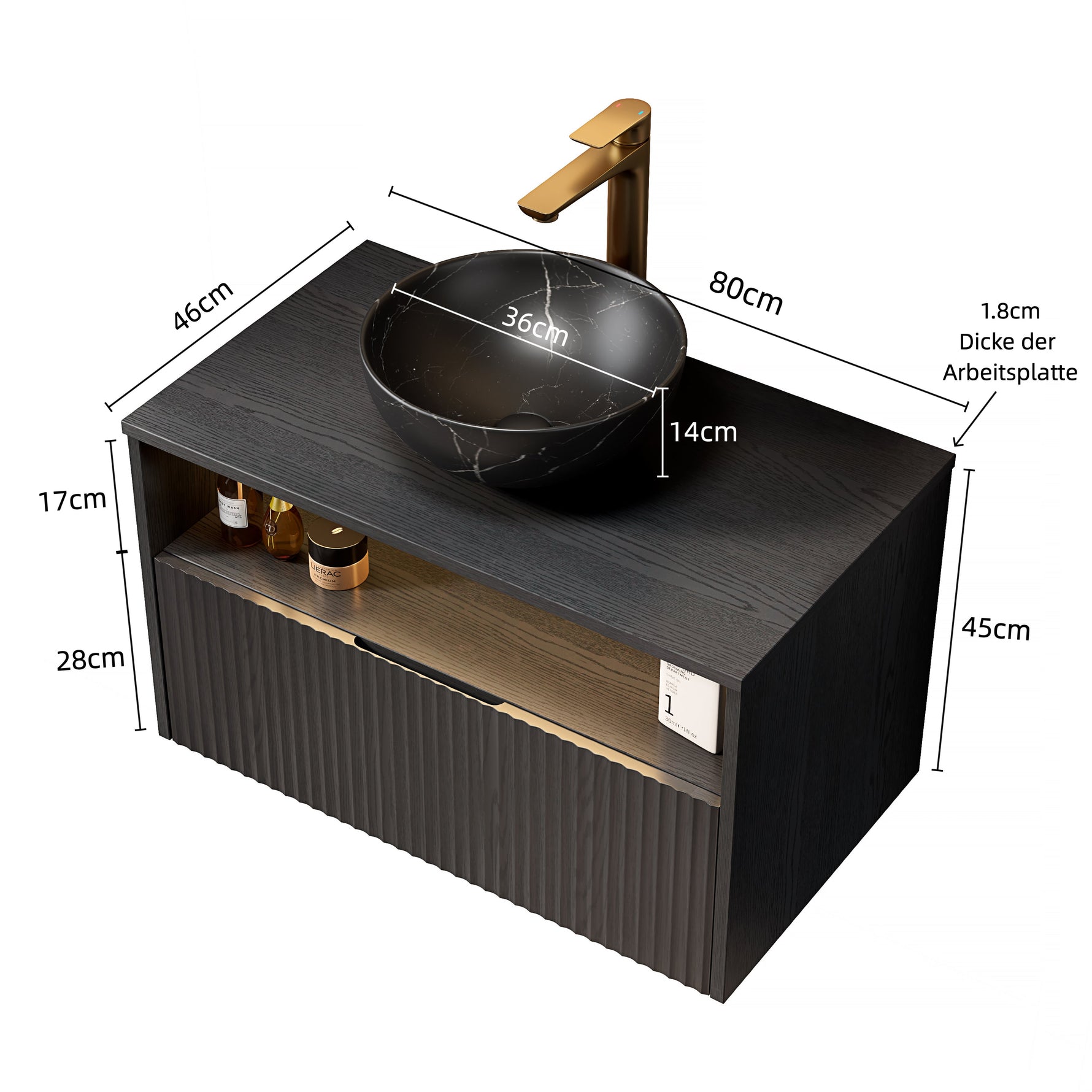 Floating Bathroom Washbasin with Ceramic Bowl and Sensor Light, 80cm Black Plywood Cabinet