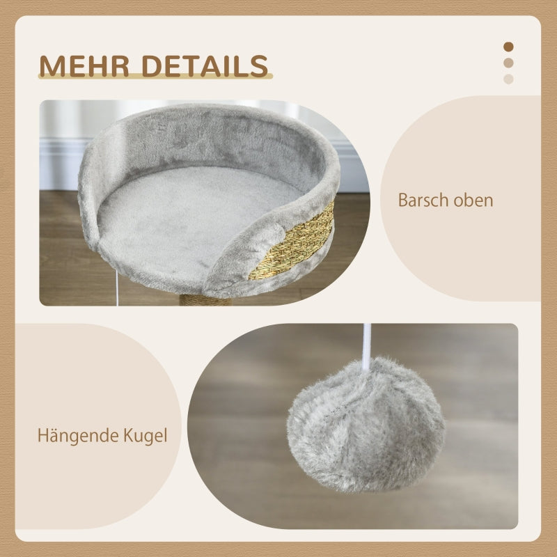 PawHut Cat Tree Small, Cat Scratching Post with Play Ball Lying Area, Jute Grey