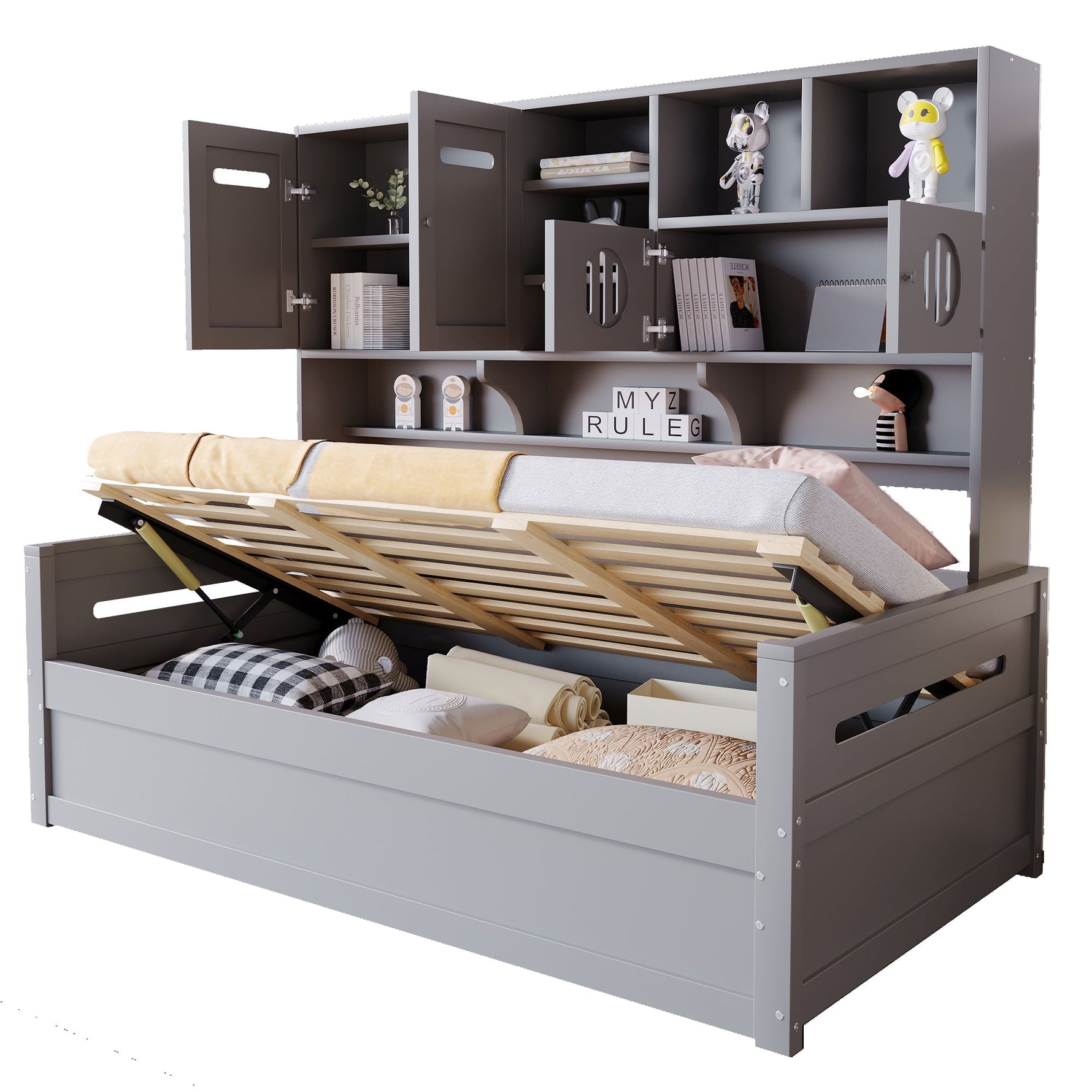 Sofa Bed, 90 x 200 cm Multifunctional Hydraulic Single Bed Frame, Grey Wood
