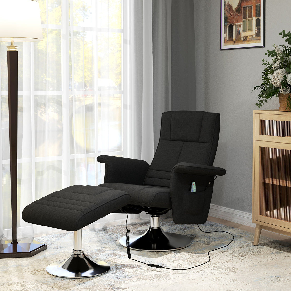 Recliner Chair Swivel Massage 8-Point Vibration Electric with Footstool, Linen Look Steel Black