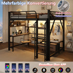 Loft Bed 140x200cm with Desk, LED Light & Shelves, Black Iron