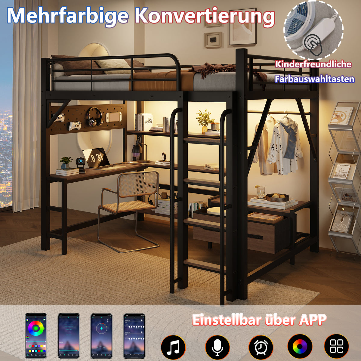 Loft Bed 140x200cm with Desk, LED Light & Shelves, Black Iron