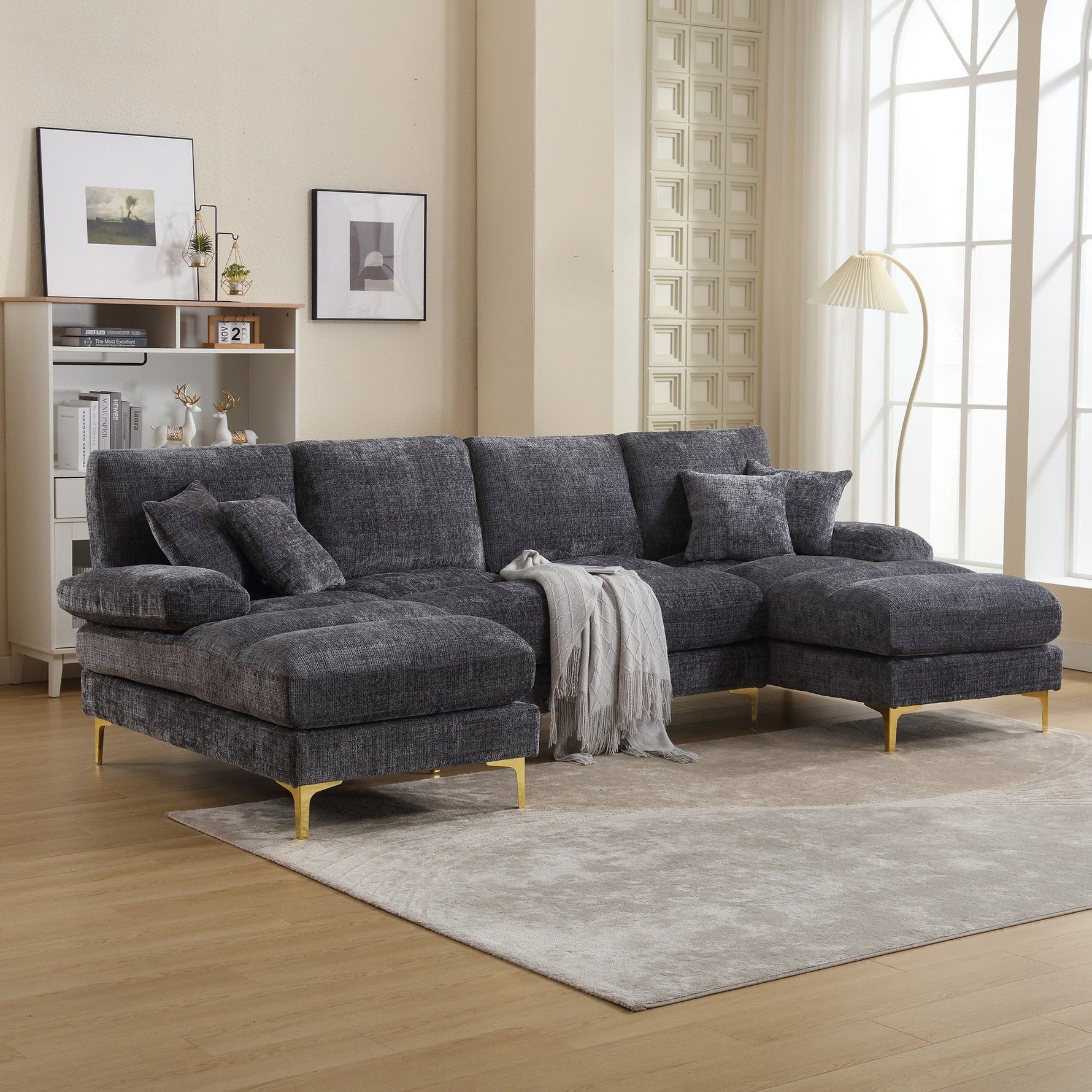 Chenille U-Shape Sectional Sofa, Large with Double Reclining Seats, Modern
