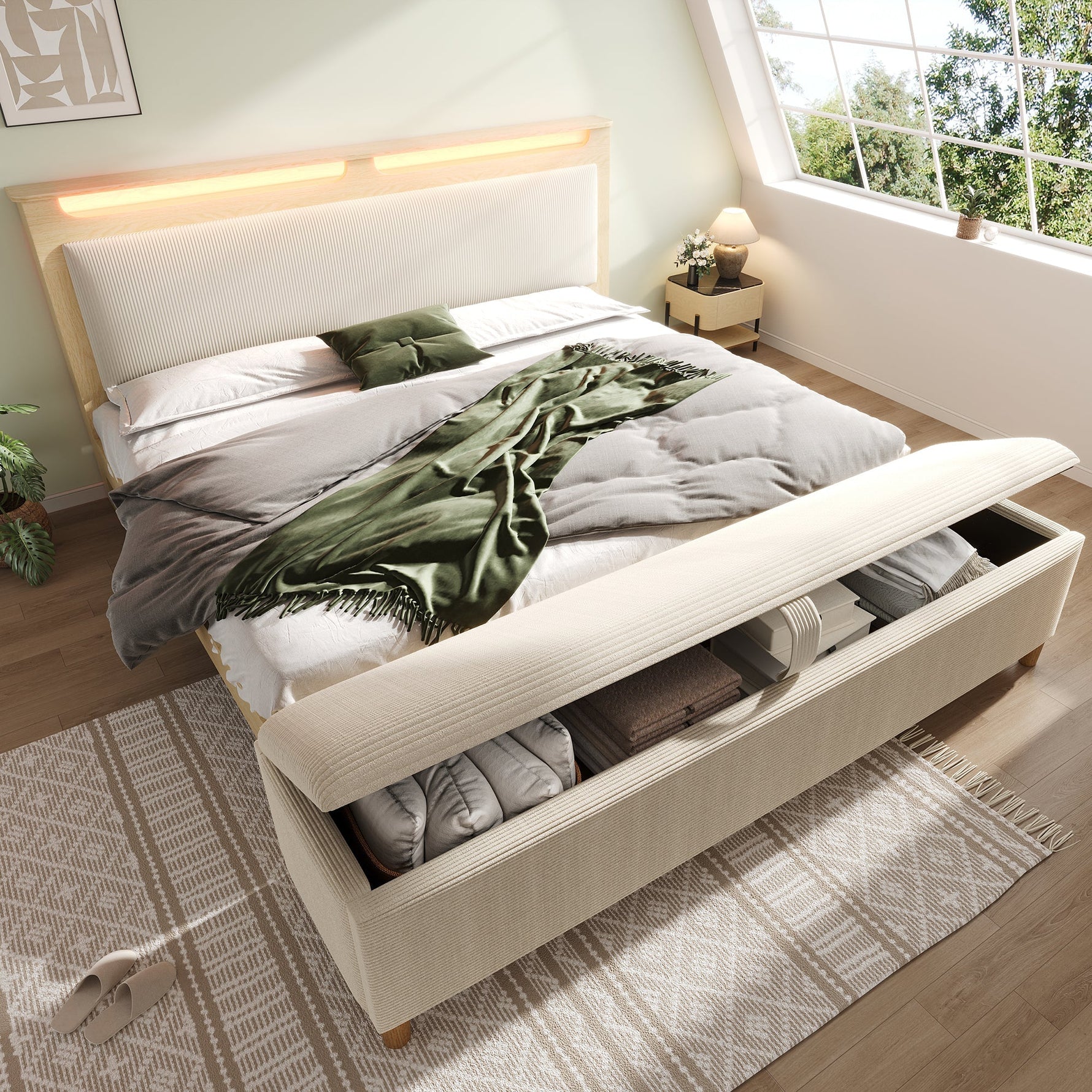 Double Wooden Bed 180x200cm, Storage Headboard, LED, Bed Bench - Beige Corduroy, Light Oak