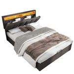 Upholstered Storage Bed 140x200cm LED Light & Drawers, Grey Linen