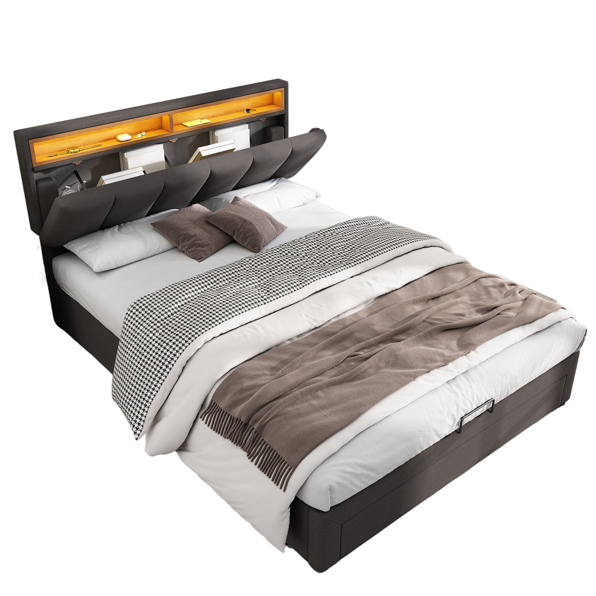 Upholstered Storage Bed 140x200cm LED Light & Drawers, Grey Linen
