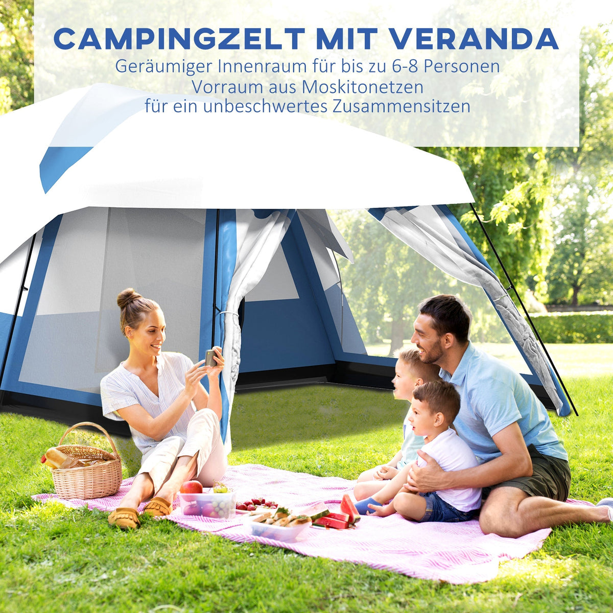 Camping Tent, 6-8 Persons Family Tent with Vestibule and 2 Windows, Blue