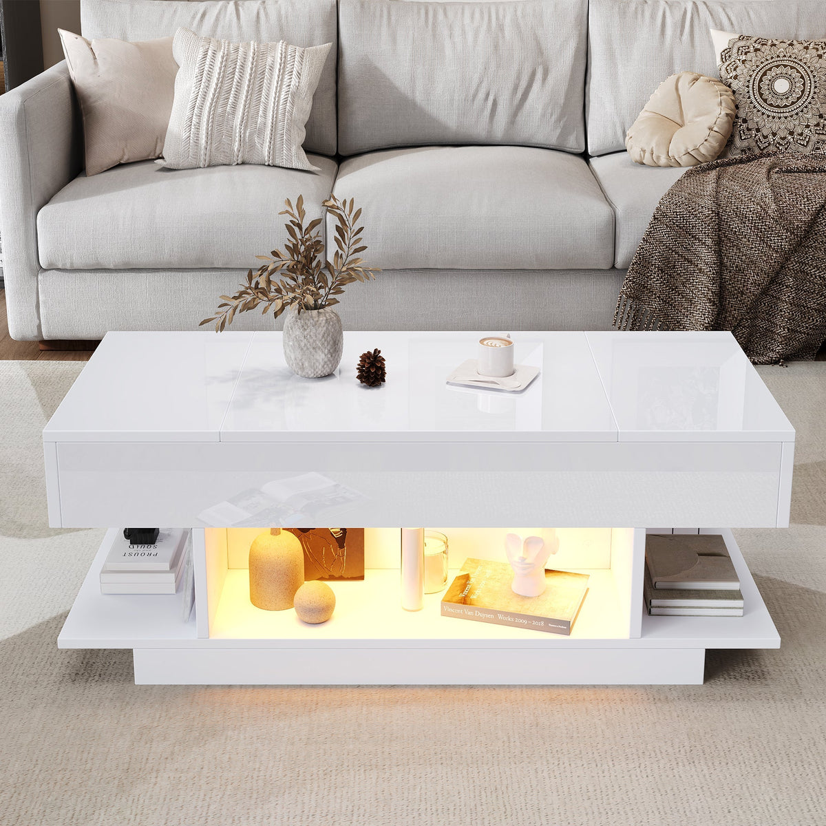 Lift Coffee Table, Height-Adjustable Storage LED, High-Gloss White