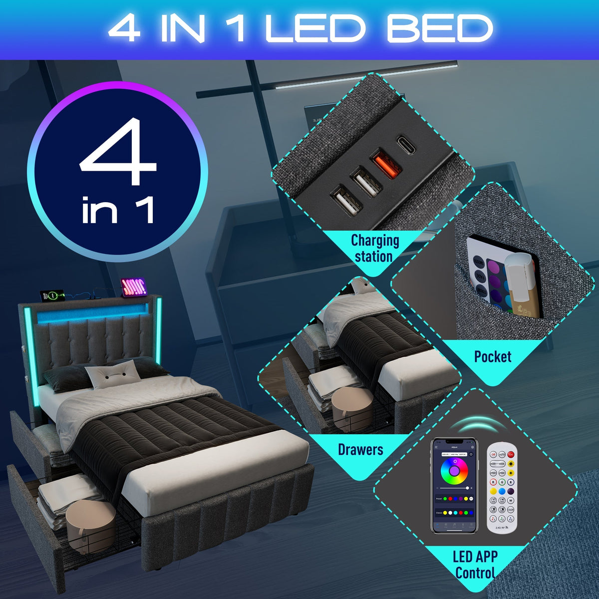 Upholstered Bed, USB-C, LED, 2 Drawers, Grey Fabric