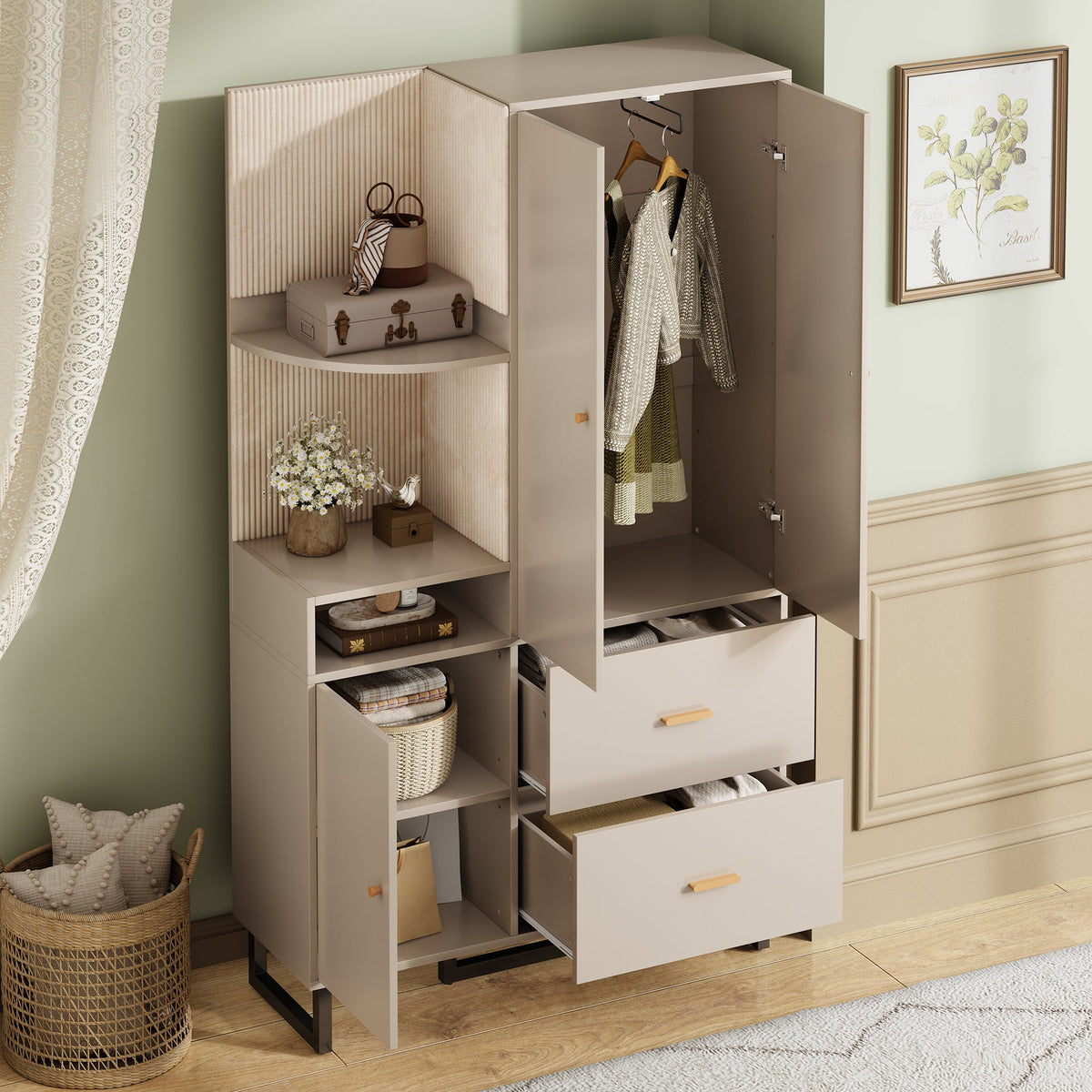 Compact Wardrobe, Hallway with Upholstered Panels & Shoe Cupboard, 110x186x38 cm