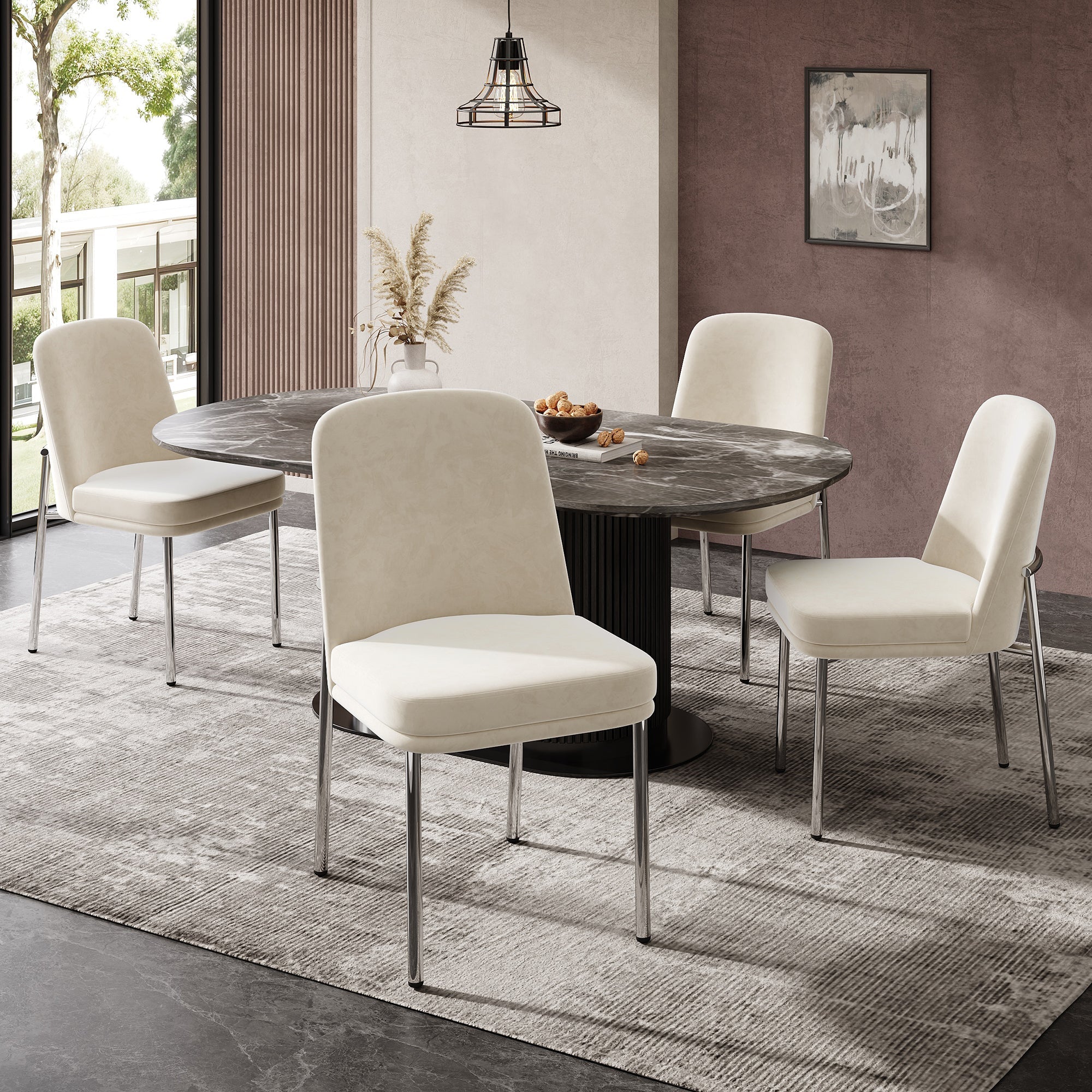 Dining Chairs Set of 4 Thickened Cushions Metal Legs - Velvet Beige