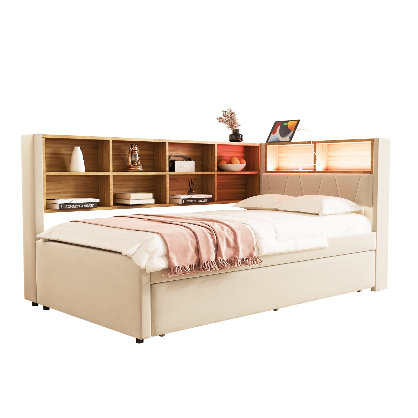 Sofa Bed with Pull-Out Bed, USB Socket, Storage, Upholstered, Beige