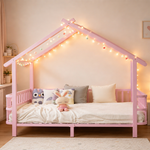 House Children's Bed Frame 90x200cm with Safety Rail, Pink Metal
