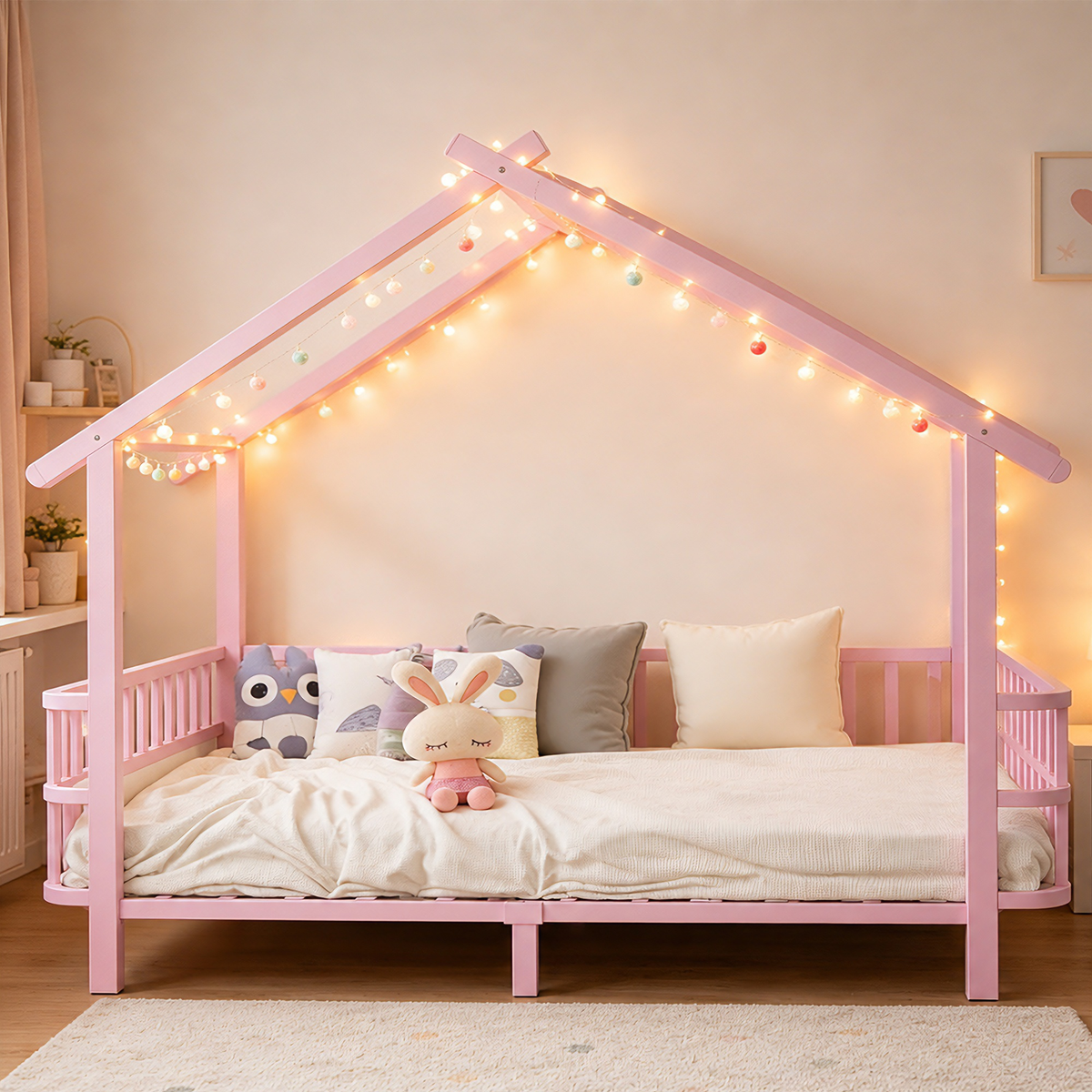 House Children's Bed Frame 90x200cm with Safety Rail, Pink Metal