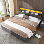 Upholstered Double Bed 180x200cm Hydraulic Storage LED Drawers - Linen Grey