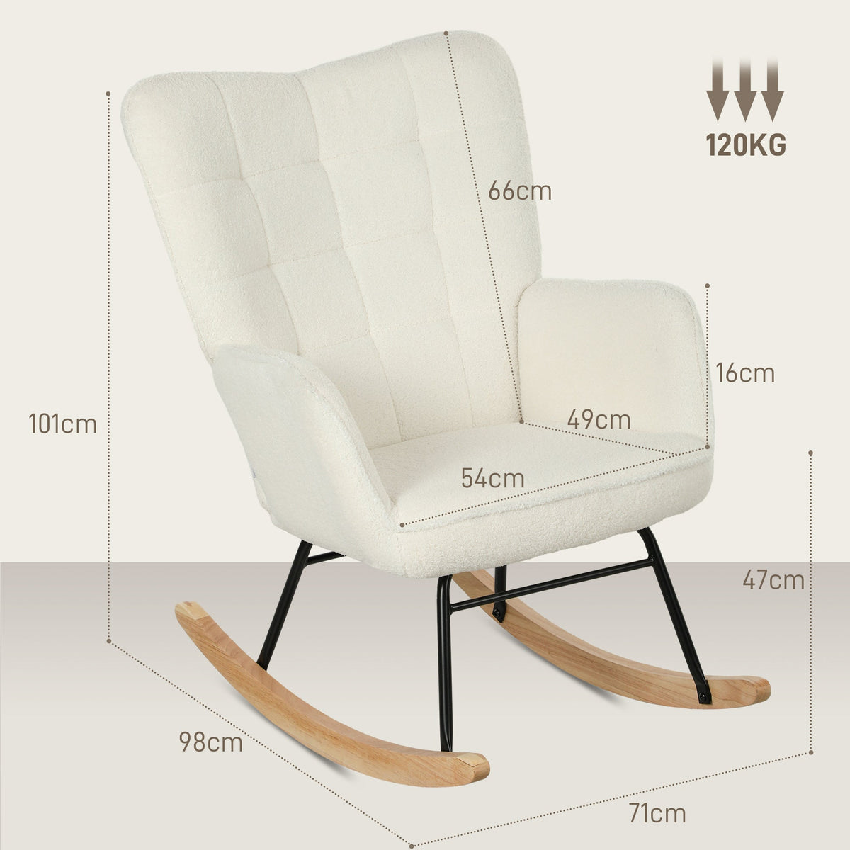 Rocking Chair, Upholstered, Wooden Base, White
