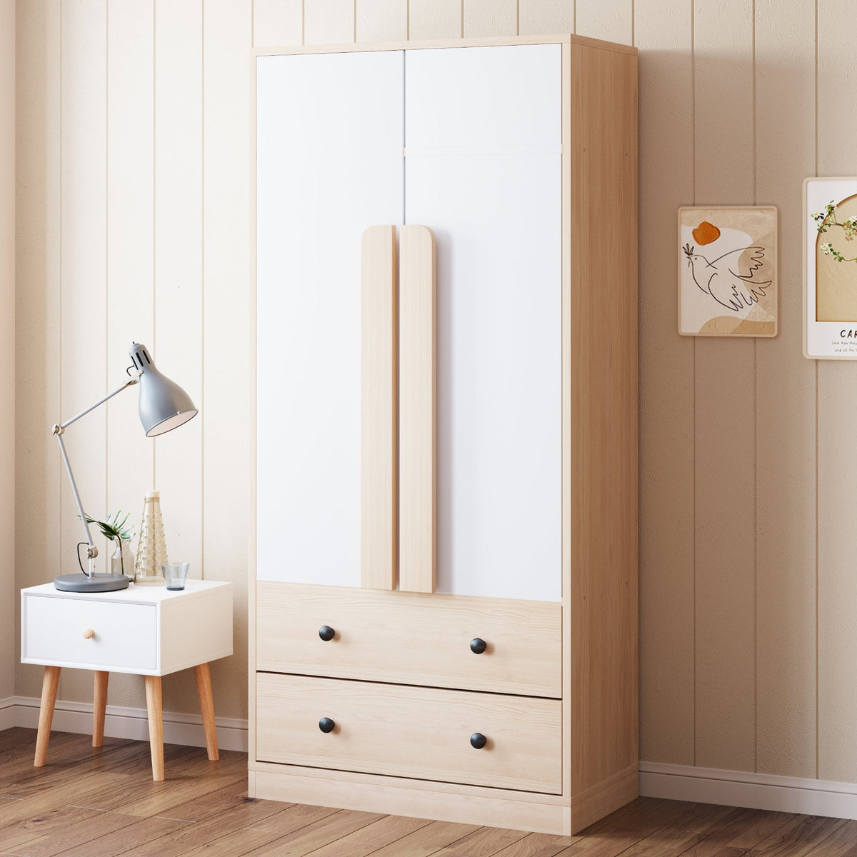 Wardrobe 70x40x170cm Double Door Design Drawers Storage, Wood Color/White