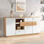 Sideboard Cabinet, 160x40x77cm, LED Lighting, 2 Doors, 4 Drawers, Glass Shelf, White Wood Look