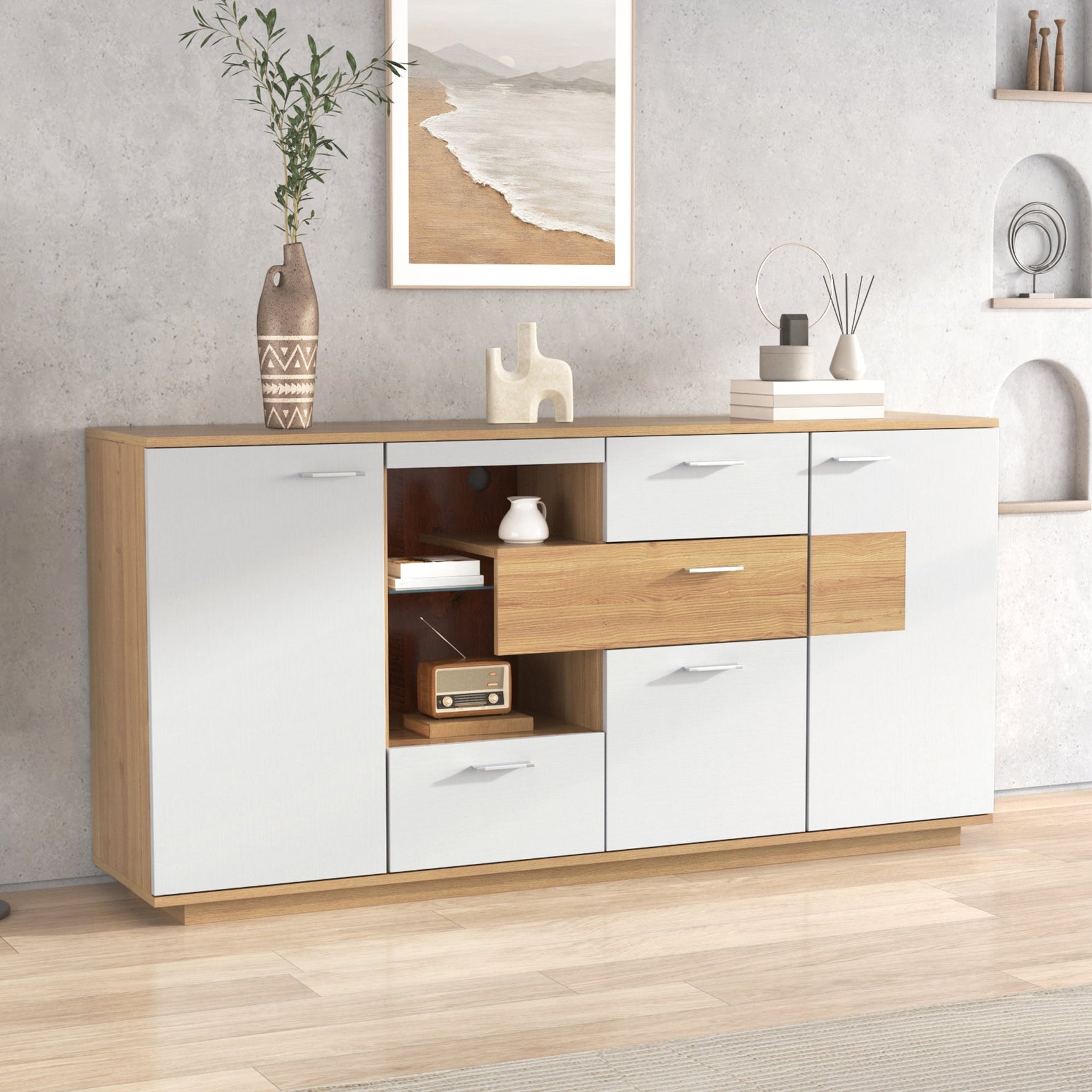 Sideboard Cabinet, 160x40x77cm, LED Lighting, 2 Doors, 4 Drawers, Glass Shelf, White Wood Look