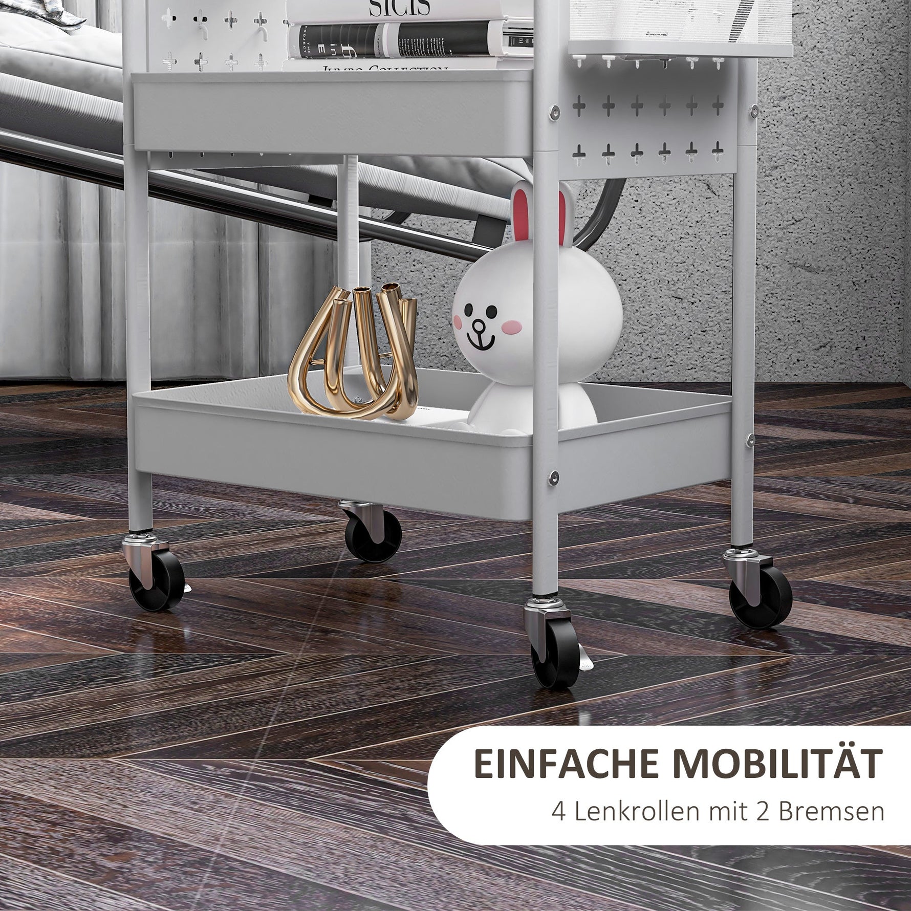 Rolling Cart, 3 Tiers, 2 Hanging Baskets, Steel, White