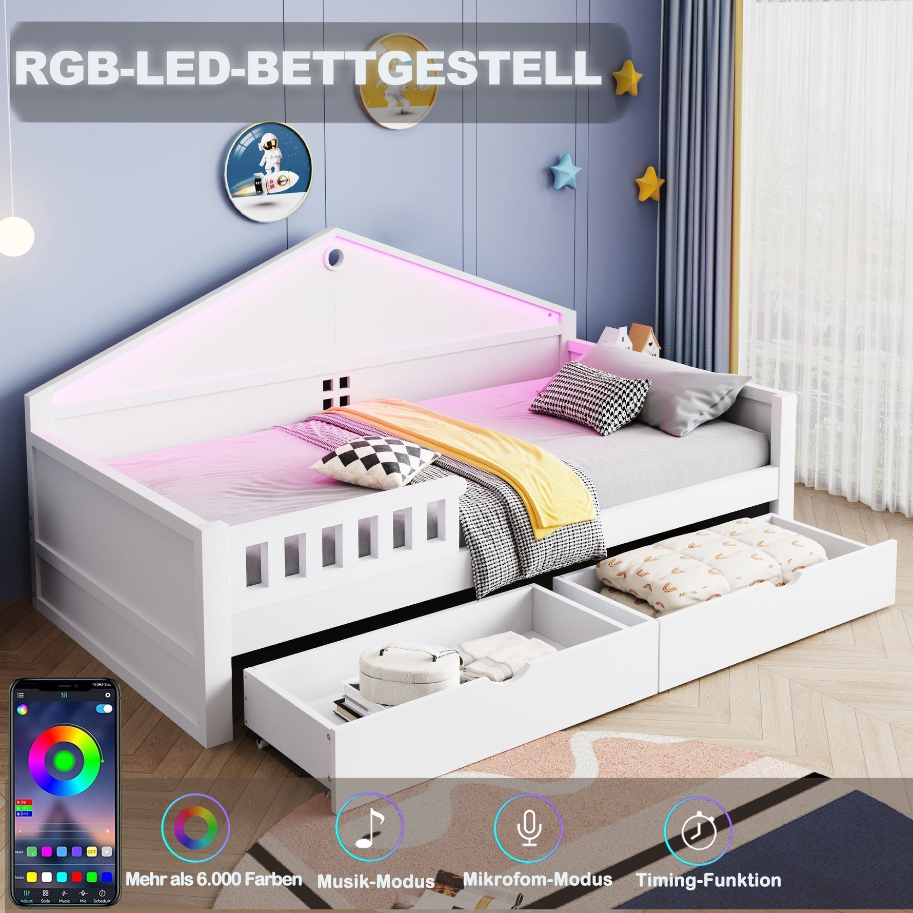 Children's Bed 90x200 cm with LED Light Strip and Storage Drawers, White