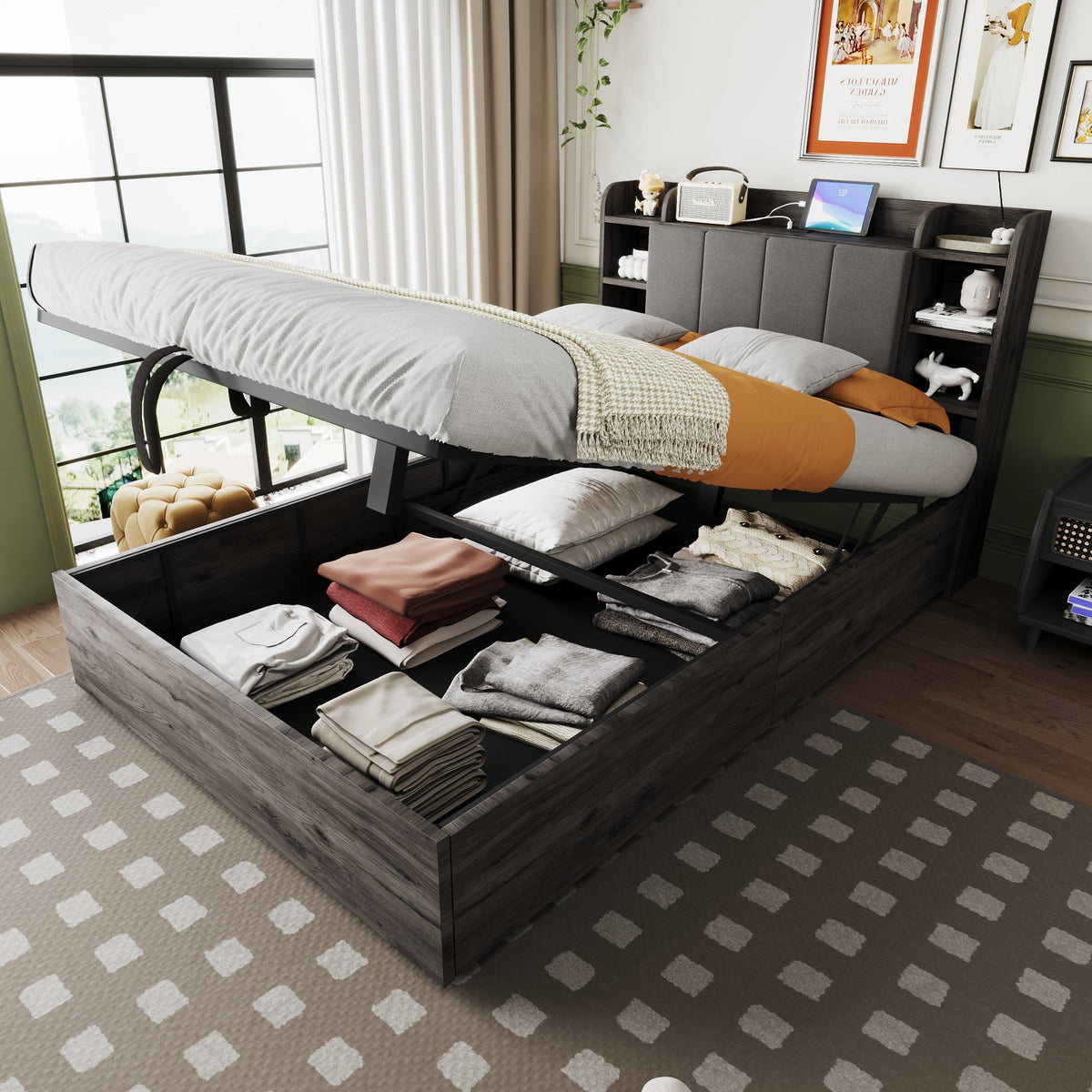 Wooden Bed, 140x200cm Hydraulic with Storage Headboard, USB & Type-C Socket, Grey